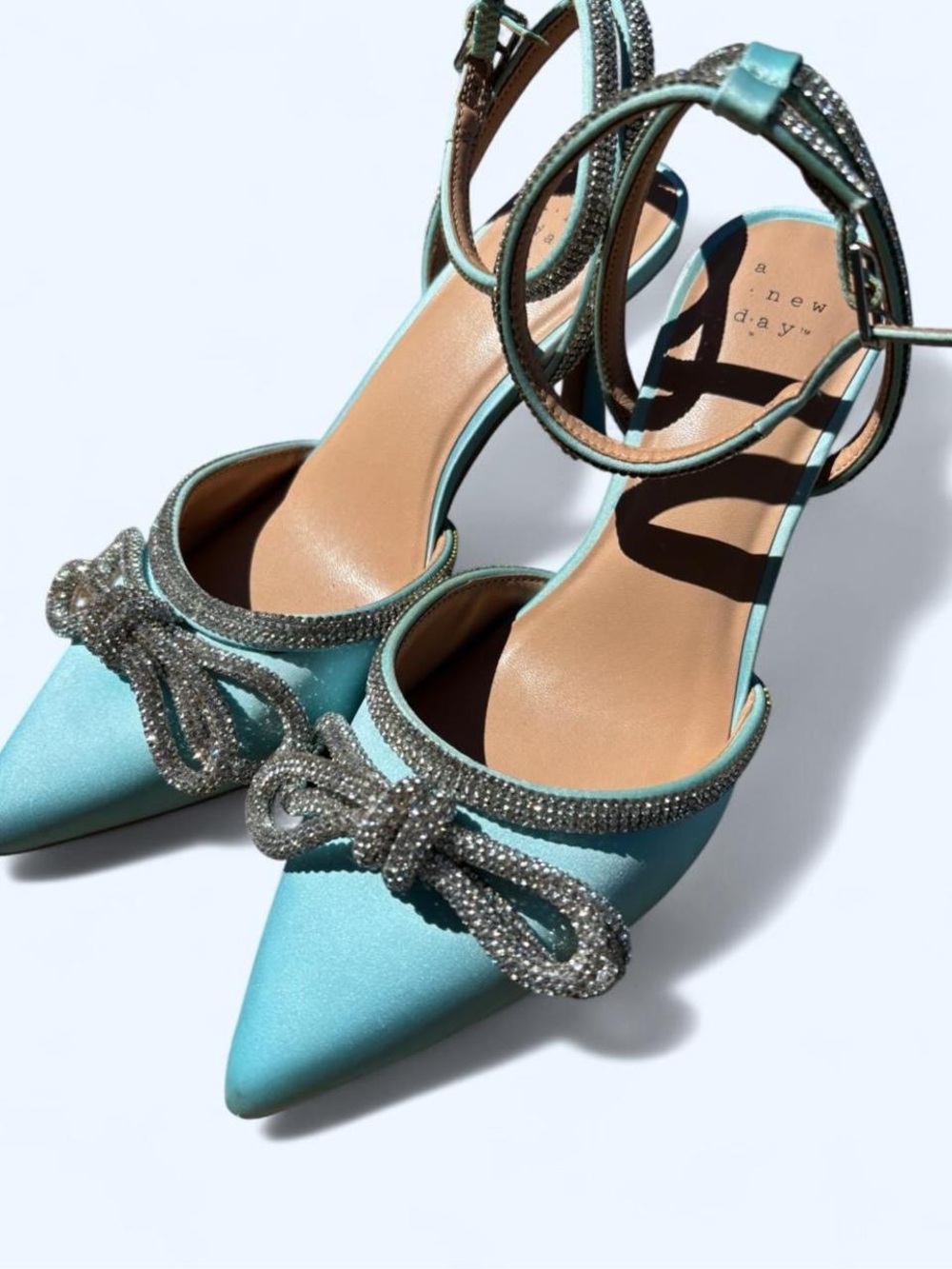 A New Day blue satin heels with silver rhinestone bow detail size 6.5